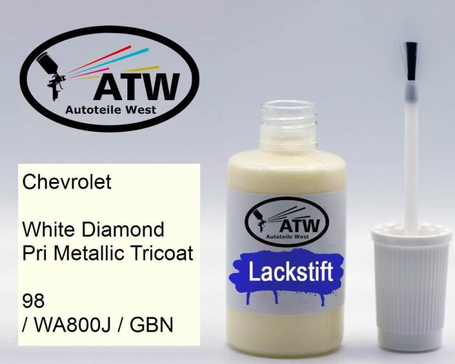 Chevrolet, White Diamond Pri Metallic Tricoat, 98 / WA800J / GBN: 20ml Lackstift, von ATW Autoteile West.